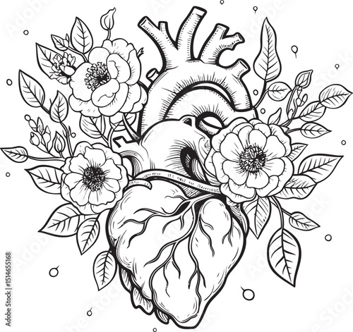 Vector Black Logo Anatomical Floral Heart Botanical Emblem Anatomical Floral Heart Black Botanical Vector Design Icon