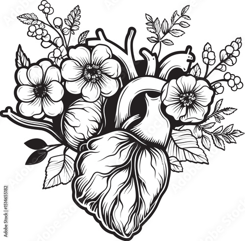 Anatomical Heart with Flowers Black Vector Botanical Emblem Botanical Floral Heart Vector Anatomical Black Logo Icon