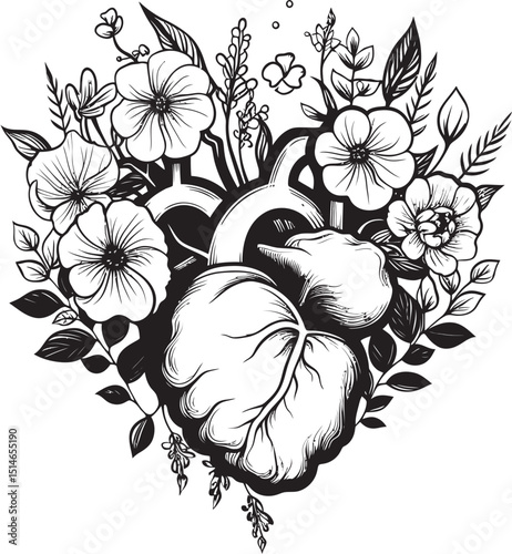 Black Anatomical Floral Heart Vector Botanical Emblem Design Anatomical Floral Heart Black Vector Botanical Logo Symbol