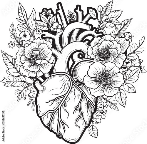 Anatomical Floral Heart Black Vector Botanical Logo Symbol Anatomical Floral Heart Vector Black Botanical Emblem Art