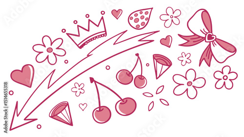 A delightful collection of pink girly doodles including hearts, flowers, cherries, a crown, and a bow, perfect for cute and charming designs.
