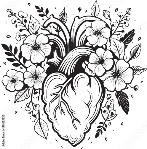 Anatomical Floral Heart Black Botanical Vector Logo Symbol Anatomical Heart Vector Floral Black Botanical Emblem Design