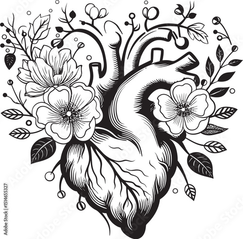 Anatomical Floral Heart Black Vector Botanical Logo Emblem Black Anatomical Floral Heart Botanical Vector Design Icon