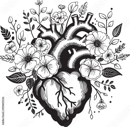 Anatomical Heart Vector Floral Black Botanical Emblem Design Black Vector Botanical Heart Anatomical Floral Logo Emblem