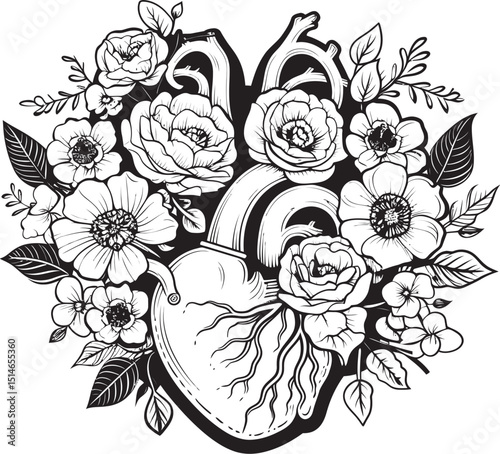 Anatomical Floral Heart Black Vector Botanical Emblem Art Anatomical Floral Heart Vector Black Botanical Logo Symbol