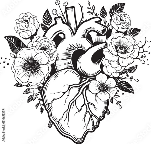Anatomical Floral Heart Vector Black Botanical Logo Symbol Vector Design Anatomical Floral Heart with Black Botanical Emblem