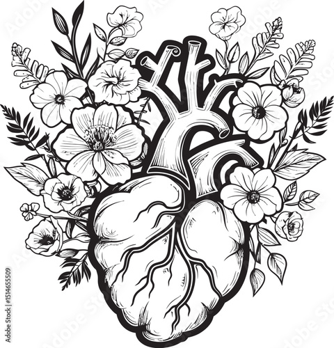 Anatomical Heart Vector Elegant Black Floral Botanical Logo Anatomical Floral Heart Vector Black Botanical Design Emblem