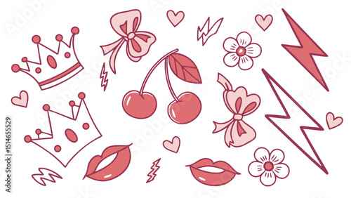 A delightful collection of charming pink and red girly elements including crowns, bows, cherries, lips, flowers and lightning bolts.