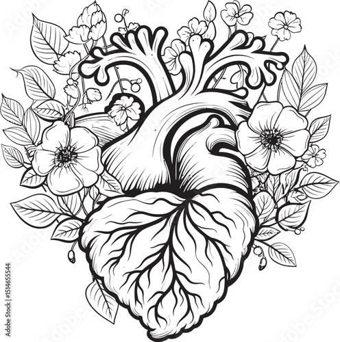 Anatomical Floral Heart Vector Black Botanical Design Emblem Black Vector Logo Anatomical Floral Heart Botanical Icon