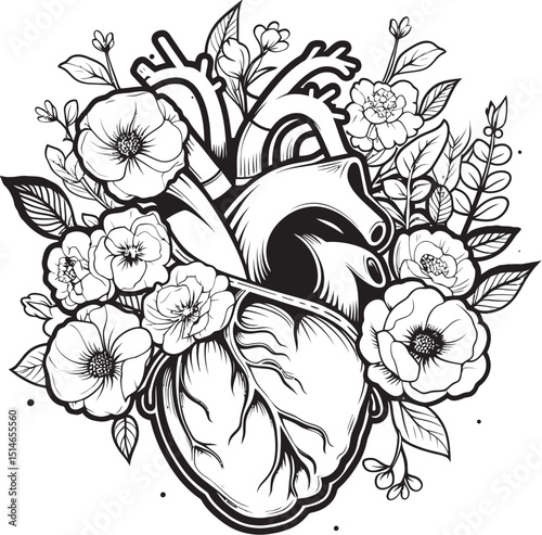 Vector Design Anatomical Floral Heart Black Botanical Icon Anatomical Heart Vector Black Floral Botanical Emblem Icon