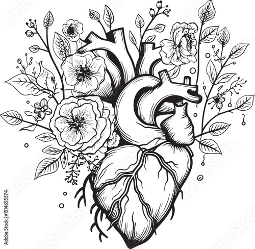 Anatomical Floral Heart Vector Black Botanical Emblem Logo Vector Design Anatomical Floral Heart Black Botanical Icon