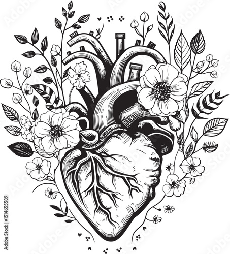 Anatomical Floral Heart Black Vector Botanical Logo Symbol Black Floral Heart Vector Anatomical Botanical Logo Emblem