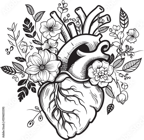 Floral Heart Vector Anatomical Black Icon Design Emblem Botanical Heart Vector Anatomical Floral Black Logo Icon