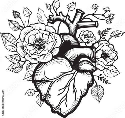 Black Floral Heart Vector Anatomical Botanical Logo Emblem Anatomical Heart Floral Vector Black Botanical Logo Icon