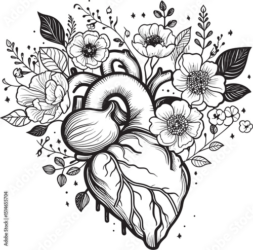 Botanical Heart Vector Anatomical Floral Black Logo Icon Anatomical Heart with Flowers Black Vector Logo Emblem