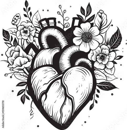 Anatomical Floral Heart Vector Bold Black Botanical Logo Vector Logo Anatomical Floral Heart with Black Botanical Design