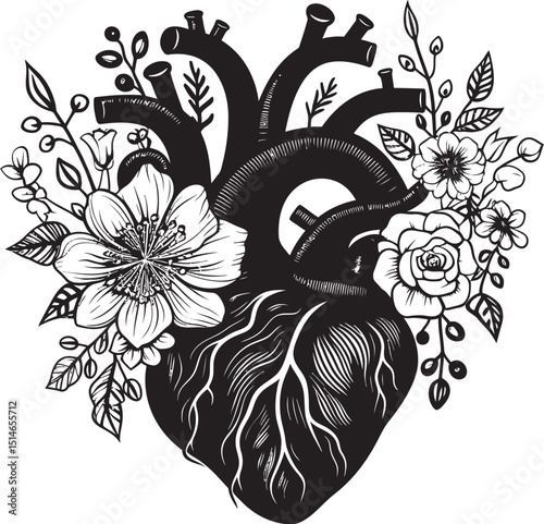 Vector Logo Anatomical Floral Heart with Black Botanical Design Anatomical Heart Floral Vector Black Botanical Emblem Icon