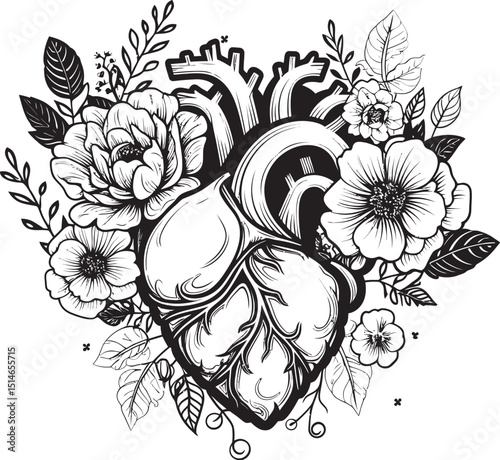 Anatomical Floral Heart Black Vector Botanical Logo Emblem Vector Emblem Anatomical Heart with Floral Black Botanical Art
