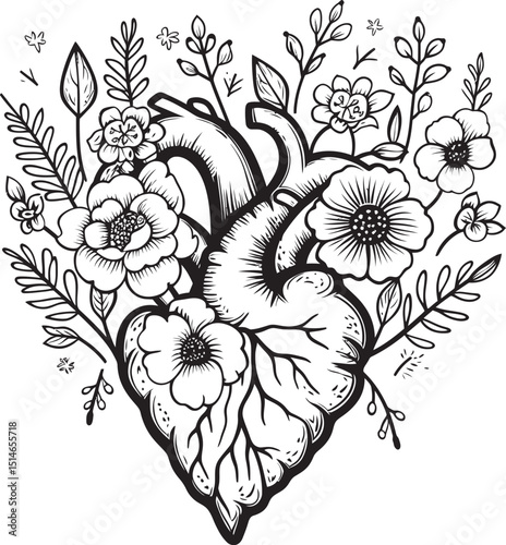 Anatomical Heart Floral Vector Black Botanical Emblem Icon Anatomical Floral Heart Black Vector Botanical Logo Emblem