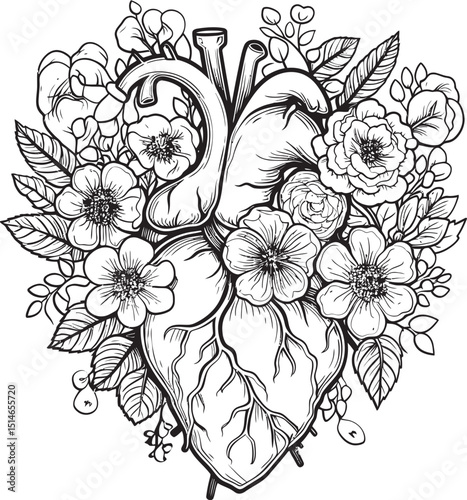 Vector Emblem Anatomical Heart with Floral Black Botanical Art Anatomical Floral Heart Vector Black Botanical Symbol Logo