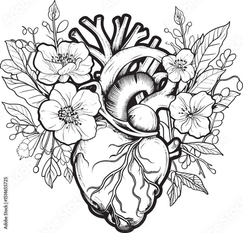 Anatomical Floral Heart Logo Black Botanical Vector Design Vector Black Logo Anatomical Floral Heart with Botanical Art
