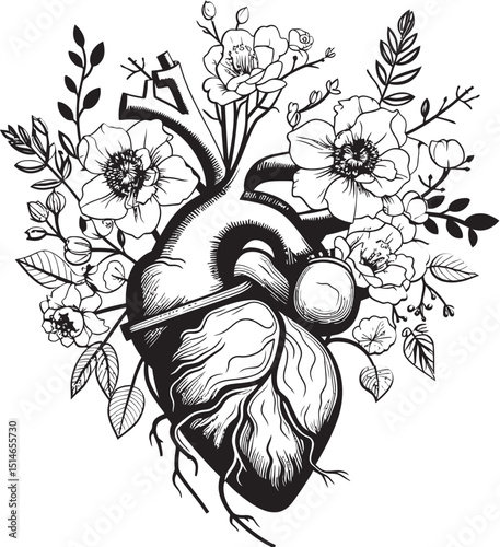 Anatomical Floral Heart Vector Black Botanical Symbol Logo Anatomical Floral Heart Logo Black Botanical Vector Design