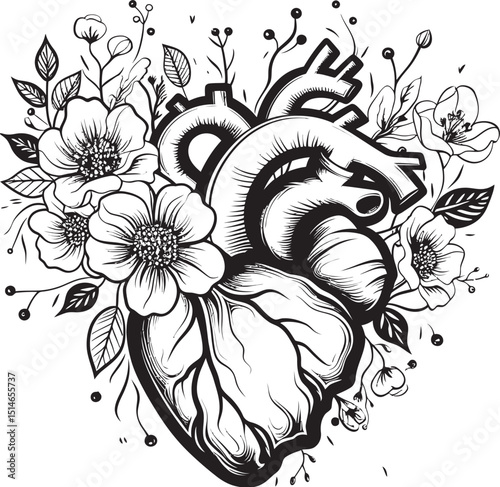 Anatomical Heart Floral Vector Black Botanical Emblem Logo Anatomical Floral Heart Black Vector Botanical Logo Design