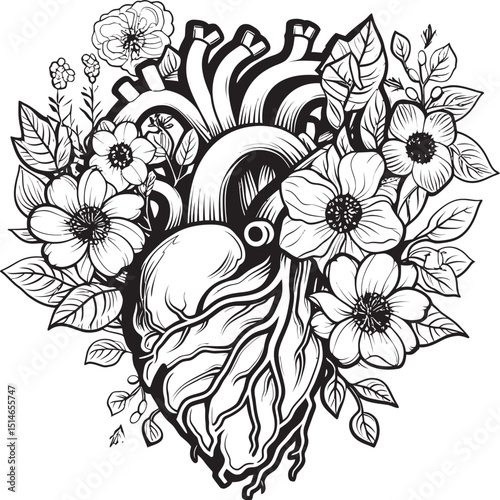 Vector Black Logo Anatomical Floral Heart with Botanical Art Anatomical Heart Floral Vector Black Botanical Emblem Logo