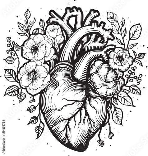 Anatomical Floral Heart Black Vector Botanical Logo Design Botanical Heart Vector Anatomical Floral Black Emblem Art