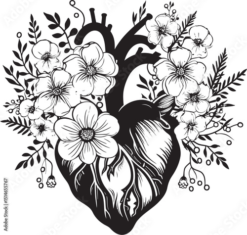 Botanical Heart Vector Anatomical Floral Black Emblem Art Anatomical Floral Heart Vector Black Botanical Icon Logo