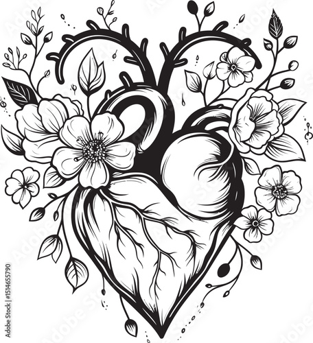 Anatomical Floral Heart Vector Black Botanical Icon Logo Vector Logo Design Anatomical Floral Heart Black Botanical Icon