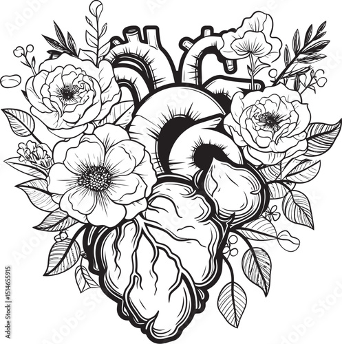 Anatomical Heart Floral Vector Black Botanical Logo Art Anatomical Floral Heart Black Vector Botanical Emblem Icon
