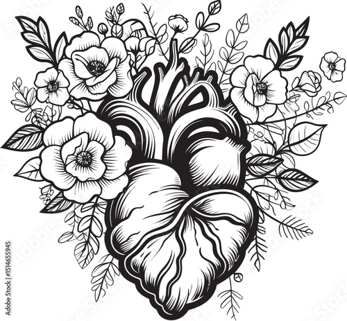 Anatomical Heart Vector Floral Black Botanical Logo Icon Anatomical Floral Heart Black Vector Botanical Emblem Symbol