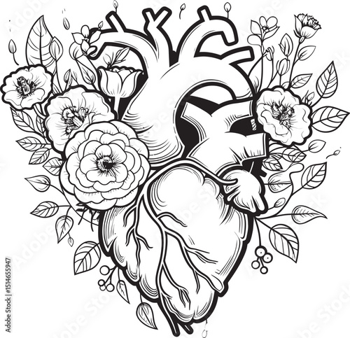 Vector Design Anatomical Heart with Black Floral Botanical Art Anatomical Floral Heart Vector Black Botanical Emblem Logo