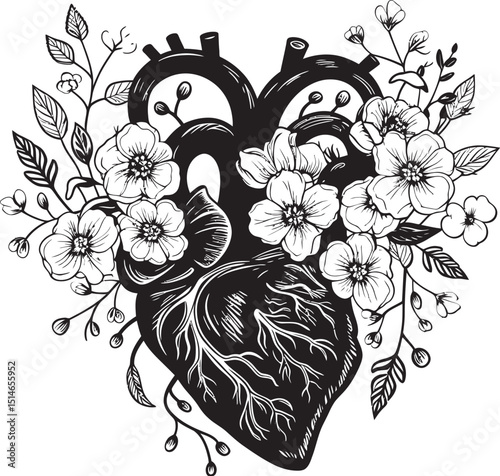Anatomical Floral Heart Black Vector Botanical Emblem Symbol Black Floral Heart Vector Anatomical Botanical Logo Icon