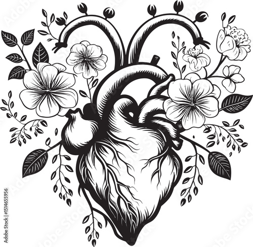 Anatomical Floral Heart Vector Black Botanical Icon Design Vector Logo Design Anatomical Heart with Floral Elements