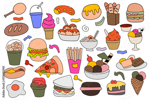 Set of popular streetfood mos world, doodles illutration. coloring book