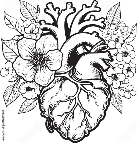 Vector Black Emblem Anatomical Floral Heart Botanical Icon Anatomical Floral Heart Vector Bold Black Botanical Emblem