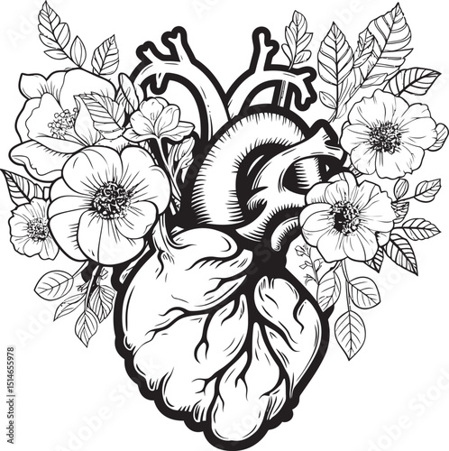 Anatomical Floral Heart Vector Bold Black Botanical Emblem Black Floral Heart Vector Anatomical Botanical Logo Symbol