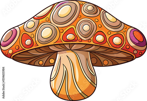 A vibrant red and white cartoon mushroom, a natural forest fungus, is isolated on a white background in this vector illustration