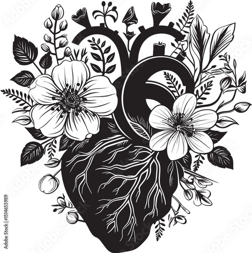 Anatomical Floral Heart Vector Logo Black Botanical Design Art Black Vector Icon Anatomical Floral Heart Botanical Emblem