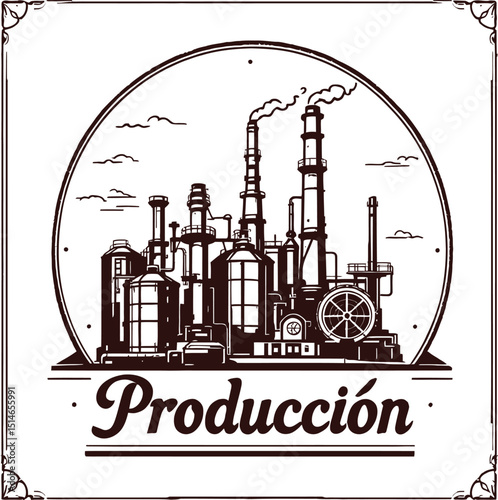 Industrial Factory with 'Producción' Label – Representation of Manufacturing, Production, and Economic Growth Vector Illustration