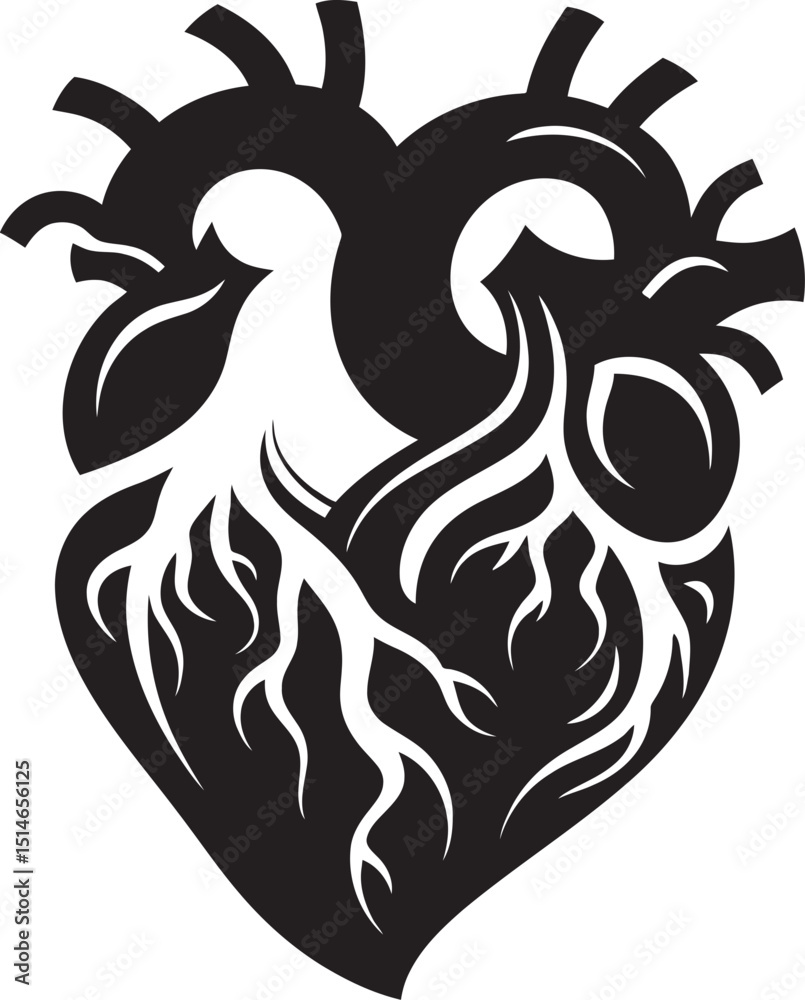 Fototapeta premium Black Botanical Floral Heart Anatomical Vector Emblem for Logos Elegant Black Vector Floral Heart Anatomical Botanical Logo Design