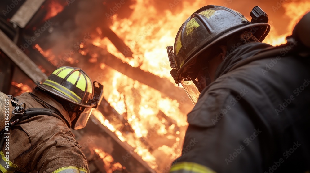 Fototapeta premium Firefighters Battling Blaze in Intense Flames and Smoke Encounter