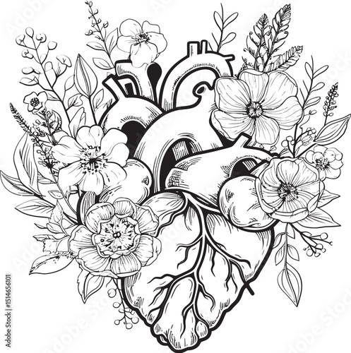 Anatomical Floral Heart Vector Elegant Black Botanical Emblem Anatomical Floral Heart Black Vector Botanical Emblem Design