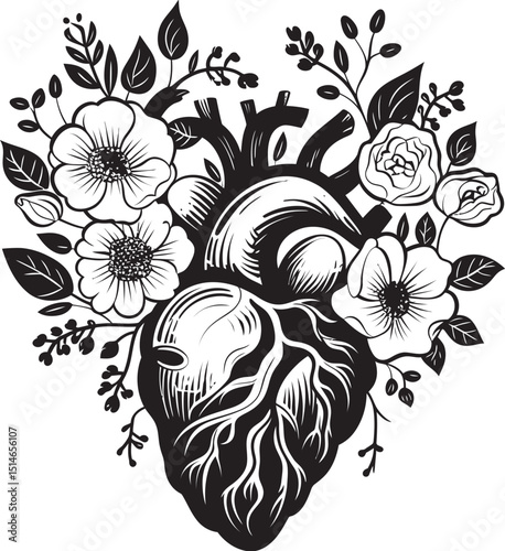 Black Vector Emblem Anatomical Heart Floral Botanical Design Anatomical Floral Heart Vector Black Botanical Emblem Art