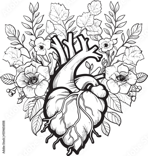 Anatomical Floral Heart Vector Logo Bold Black Botanical Icon Black Vector Emblem Anatomical Heart Floral Botanical Design