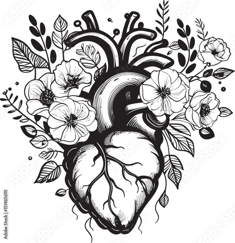Anatomical Floral Heart Vector Black Botanical Emblem Art Anatomical Floral Heart Vector Dark Botanical Black Icon Design
