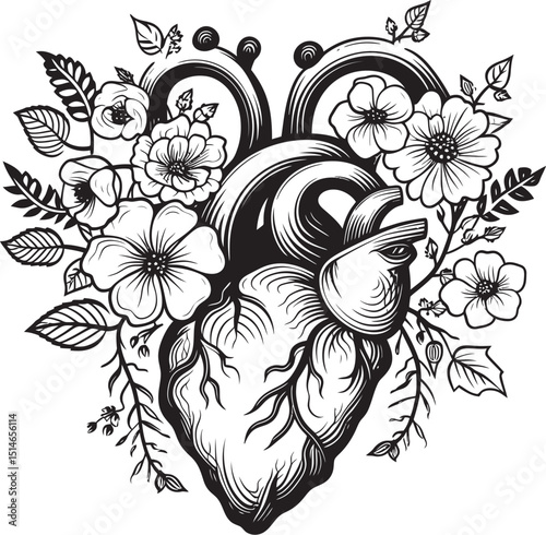 Anatomical Floral Heart Vector Dark Botanical Black Icon Design Black Botanical Heart Vector Anatomical Floral Logo Emblem
