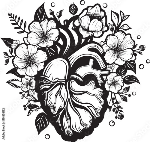 Black Botanical Heart Vector Anatomical Floral Logo Emblem Anatomical Floral Heart Vector Black Botanical Logo Art